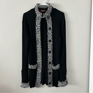 Belldini Womens Black Long Sleeve Ribbed Button Front Cozy Trim Long Cardigan L